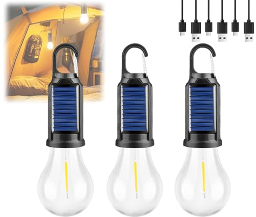 Luce solare ricaricabile con gancio - Lampadina esterna a 3 modalità, impermeabile IPX5, USB/ricarica solare per campeggio, tenda e emergenza - torcia portatile con gancio regolabile (3 pezzi)