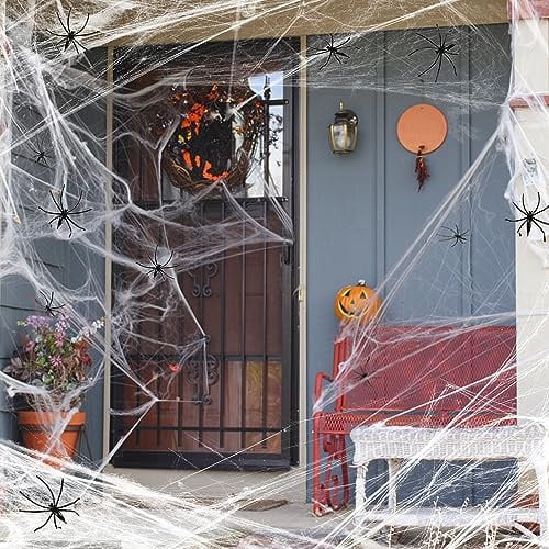 JAADU ragnatele Halloween 200g Decorazione Ragnatela Bianca con 50 Ragni Finti,Halloween Prop Decor Spaventoso Party Scene Indoor Outdoor Festival Decorazione