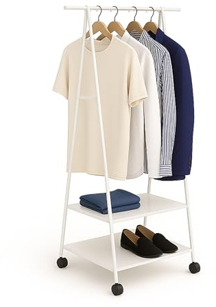 Relaxdays Kleiderständer, mit Rollen & 2 Ablagen, HxBxT: 160 x 55 x 42 cm, Metall, Vlies, Garderobenständer, weiß