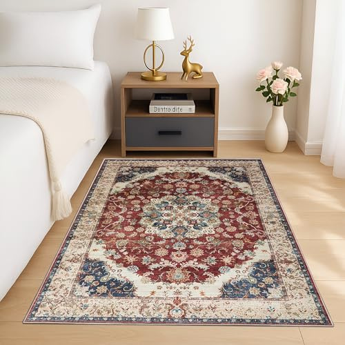 MOONLIGHT20015 Washable Rugs Living Room 80x150 cm - Fluffy Vintage Area Rugs for Bedroom - Non Slip Low Pile Soft Boho Rug Carpets for Lounge - Traditional Large Bedside Rug Easy To Clean, Whisper