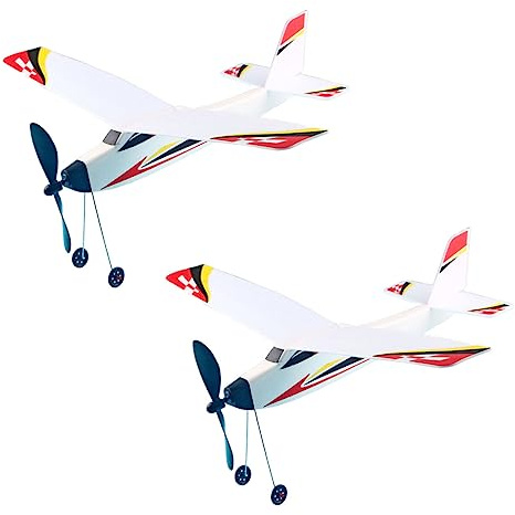 CVUTOVO 2Pcs Airplane Foam Glider Planes with Elastic Band Power Hand Assembled Outdoor Flying Models for Boys Educational Gift with Random Patterns