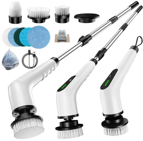 Homlab Limpiador Giratorio eléctrico, Cepillo de Limpieza inalámbrico con 8 Cabezales de Cepillo reemplazables, Limpiador de Ducha con Mango de extensión Ajustable, Estropajo eléctrico Impermeable