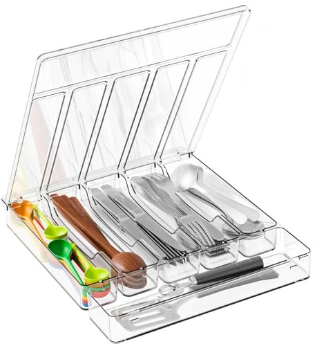 Yieach Clear Silverware Organizer with Lid - 12 inch Wide - Large Silverware Drawer Organizer & Tray and Utensil Drawer Organizers with Lid,BPA Free Plastic Flatware Drawers Organizers for Fork,Spoon