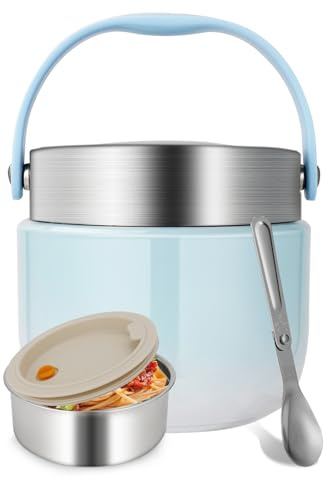 Ezvsevuo Thermobehälter für Essen 1200ml, Thermoschüssel mit Deckel, Thermobecher für Essen mit Faltbaren Löffel aus Edelstahl, Warmhaltebehälter Essen für Schule, Arbeit, Outdoor（Blau）