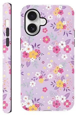 Phoona Flower Case for iPhone 16 6.1, Pink Floral Print Girly Aesthetic Dsign Pattern for Girl Women, Shockproof Slim Soft TPU and Hard PC Frosted Double Protective Cover, Purple