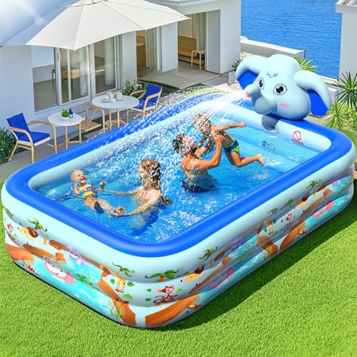 LanBlu Piscina Hinchable Adultos con Aspersor, Elefante Piscinas Hinchables Rectangular, Piscinas Hinchables Grandes de 0.6mm de Grosor, 252×183×56CM Piscina Hinchable Infantil para Terraza Jardín
