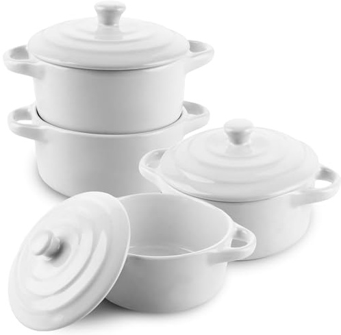 APACALI 4 Stück Mini Cocotte mit Deckel, Auflaufform Klein aus Porzellan mit Griffen, Kleine Auflaufförmchen für Lasagne, Soufflé, Backofen, Mikrowelle & Spülmaschine