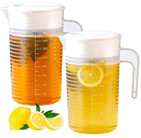 Elyyapt 2 Pack Juice Jug with Lid, 2L Clear Water Pitcher with Scale and Handle, Unbreakable Beverage Pitcher Reusable Plastic Juice Container Fridge Jugs for Milk Juices Iced Tea Lemonade