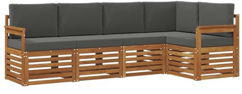 vidaXL Sofasets mit Kissen, 5-teilig, Natur und Anthrazit, rechteckiges Sofaset für Garten und Terrasse, Terrassenmöbel, moderne Sitze aus Akazienholz, langlebige Lounge
