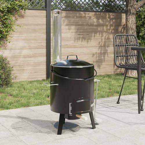 QUAHEAS Cañón de goulash de acero esmaltado negro con tapa y salida de humo, 14,3 L, olla de 8 L, horno de jardín con recipiente para cenizas y parrilla de carbón de madera para camping, barbacoa y