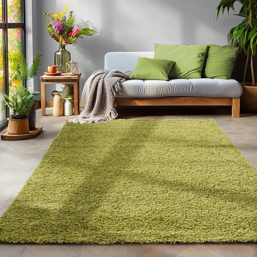 SIMPEX Flauschiger Teppich Wohnzimmer Schlafzimmer Läufer Flur Esszimmer Küchenteppich Hochflor Einfarbig Modernes Design 30 mm Florhöhe Kuschelweich, Grün, 140 x 200 cm