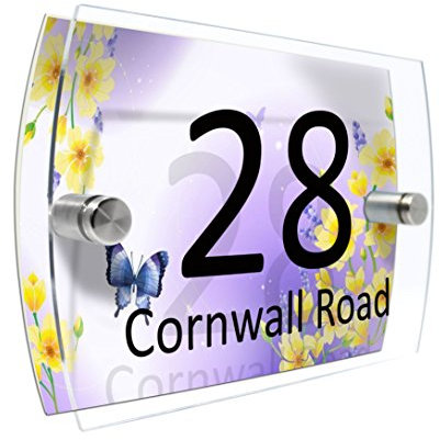 CS Printing House Number Sign Plaque Garden Glass Effect Acrylic Sign Door Plate Marble Wall Display 2 Part Acrylic (Purple Butterfly)