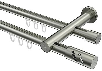 INTERDECO Innenlauf-Gardinenstange 20 mm 2-läufig, moderne Innenlaufstange aus Metall, Edelstahl-Optik, zur Wandmontage, Typ 10214212, 100 cm