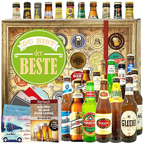 Du bist - 24er Bier-Set Welt & DE - Geburtstagsgeschenk für Ihn | Bier-Adventskalender mit 24 Flaschen, 0,33l, Bierbuch, Verkostungsbogen, Geschenkkarten und Urkunden in Geschenkbox