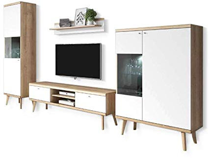 Selsey Scandi - Wohnzimmer Set / Wohnwand mit Vitrinenschränken in Weiß Matt / Eiche Skandinavisch 4-teilig, 300 x 40 x 197 cm