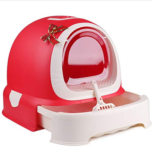 PJDDP Katzentoilette Jumbo, Komplett Geschlossene Katzentoilette, Katzentoilette Mit Deckel, Katzentoilettensystem Mit Kapuze, Deo Und Spritzschutz Mit Streuschaufel,Rot