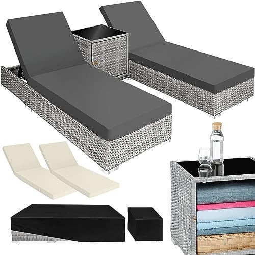 TecTake® Set 2 x Lettino Alluminio, Poly Rattan, Lettini Prendisole, Lettini da Giardino, Tavolo Giardino, Sdraio Prendisole, Sedia, Involucro Protettivo, 2 Federe - Grigio Chiaro