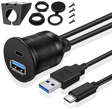 TNP USB C + USB 3.0 Flush Mount Cable, Dual USB Extension Cable 3ft 1M for Car Dashboard with Dash Panel Mount 2 USB Type A + C Male to Female Socket Connector Adapter Cord for Boat Motorcycle Vehicle