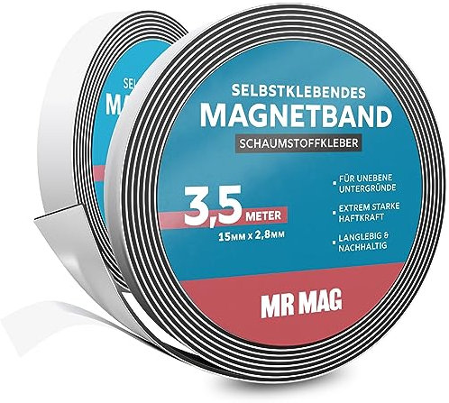 MrMag® Magnetband selbstklebend stark | extra lang | hochwertiges Magnetklebeband mit extra starkem Kleber | Magnetstreifen