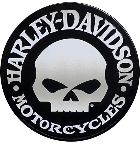 Harley-Davidson Rundes Blechschild, Motiv: Willie G Totenkopf-Logo, gebürstetes Silber, 30,5 cm