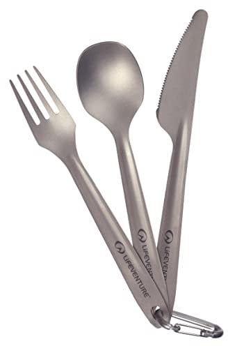 Lifeventure Superlight Titanium Camping Cutlery Set With Karabiner - Ultra Lightweight Camping Cutlery Ideal For Camping Or Travel, Silver