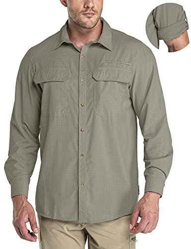 33,000ft Men's Long Sleeve Shirts UV Protection Safari Button-Down Shirt Breathable Wicking Quick Drying Outdoor Top with Pockets for Hiking Fishing Golfing,Grey Green XL