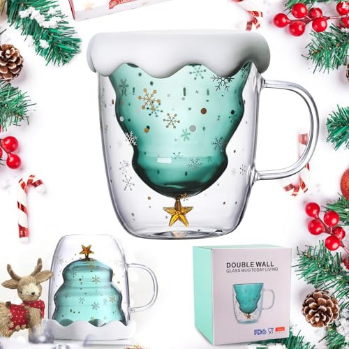 XiXiRan Weihnachten Becher, Weihnachtstassen, Kaffee Teegläser, Kaffeeglas Doppelwandig mit Griff, Christmas Mugs, Süße Tassen, Kaffeebecher Set, Doppelwandige Isolierglas Espressotasse