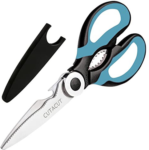 Cutacut Kitchen Scissors Stainless Steel Sharp Blades with TPR Grip - Multipurpose Kitchen Scissors Heavy Duty for Meat, Chicken, Fish, Vegetables, and Herbs – Bottle Opener. (Blue)