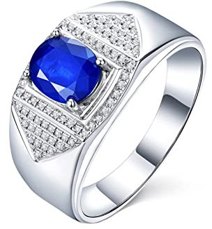 Männer Ring Weißgold, Eheringe Modern 18 Karat (750) Weißgold mit 1,3ct Blau Ovalschliff Saphir Größe 49 (15,6)
