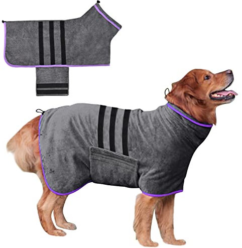 Hundebademantel Mikrofaser Hund Bademantel Waschbare Schnell Trocknend Grau Badetuch Haustier Bademantel mit Magischem Klebeband Soft Katze Bademantel Geeignet Für Große und Mittlere Hunde (XL)