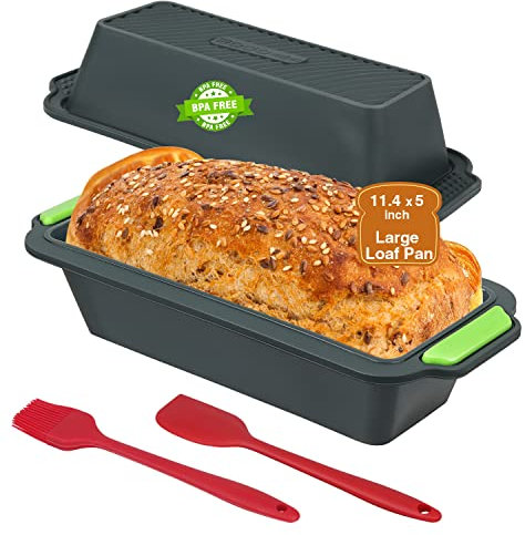 Huanmin Brotbackform Silikon, Kastenform Kuchen, 13x29x6.5cm, Mit Silikonbackbürste & Teigschaber für Kuchen & Brote (Grün)