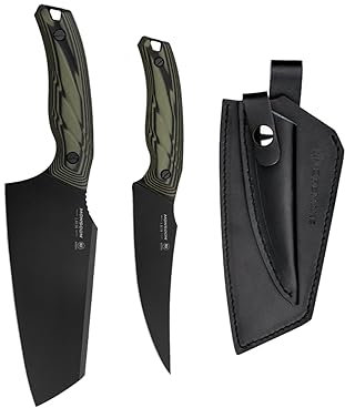 OREMAKE Monsoon Set di coltelli da cucina per esterno, coltello macellaio, Coltelli da Chef, Coltello da Disosso, Full Tang, coltello mannaia con fodero in pelle per Campeggio, barbecue e cucina.