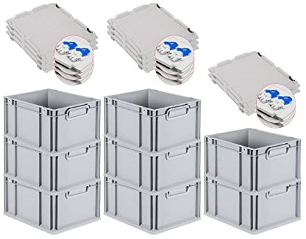 PROREGAL SuperSparSet 8x Eurobox NextGen Grip mit Scharnierdeckel und blauen Schiebeschnappverschlüssen, HxBxT 22x30x40cm, 20 L, Grau, Griffe geschlossen, Eurobehälter, Transportbox
