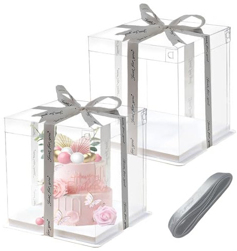 RHBHY 2 Stück Tortenschachtel Tortenkarton Tortenbox 21 * 21 * 24cm Cake Box Transparent Torten Transportboxen Geschenkbox Durchsichtig mit Sockel und Band für Geburtstag Dessert (21 * 21)