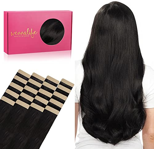 WENNALIFE Tape Extensions Echthaar, 20pcs 40g 30cm 12 Zoll Natürliches Schwarz Remy Invisible Tape Extensions Seidig Gerade Echthaar Extensions Skin Weft Tape Ins