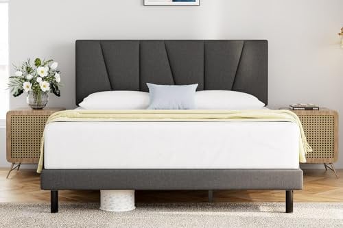 Molblly Polsterbett 120 x 200 cm Bettgestell Einzelbett Doppelbett Designbett mit Lattenrost Holzlattenunterstützung Kopfteil in Grau, Bettrahmen 120x200