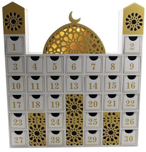 ISAKEN Ramadan Adventskalender mit LED Licht, DIY Ramadan Countdown Kalender 2024 Eid Mubarak Kalender Hölzerner Tischkalender für Kinder Erwachsene Geschenke Ramadan Dekorationen