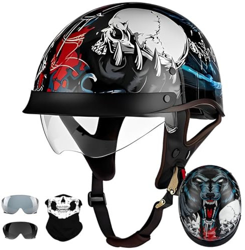 Casques Jet, Demi-Casque Moto Vintage Homologué ECE, Rétro Casques Bols avec Pare-Soleil et Boucle à Dégagement Rapide Réglable, Casque Ouvert pour Scooter Vélo Cruiser 57~64cm