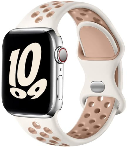 Upeak Sport Armband Kompatibel mit Apple Watch Armband 44mm 45mm 46mm 49mm 42mm, Atmungsaktiv Silikon Doppelloch Band für iWatch Ultra 2 SE Series 10 9 8 7 6 5 4 3 2 1, L, Sternenlicht/Milchtee