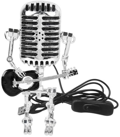 Kexpery Steampunk Vintage Microphone Robot Metal Microphone Robot Lamp with Guitar Nightstand Desk Lamp Angle Adjustable Gifts for Music Art Lovers for Art Decor (Black)