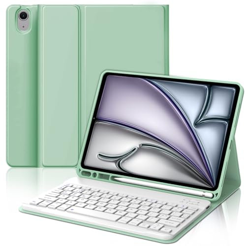 IVEOPPE Keyboard Case for iPad Air 11'' M2 2024/ M3 2025- UK Layout Keyboard for iPad Air 5th/4th- Detachable Bluetooth Keypad for Pad 11 inch M3 2025, Case with Pencil Holder-Light Green