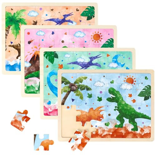 WERNNSAI Dinosaurier Holzpuzzles – 4er Packung mit 24 Teilen Holzpuzzles Lerntafeln für Vorschulkinder Dinosaurier Puzzles Spielzeug Geschenk Montessori Spielzeug für Kinder im Alter von 3 4 5 Jahren