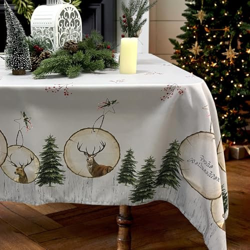 Zmorfiya Wasserabweisend Weihnachtstischdecke 130x220, Weihnachten Tischdecke mit Holzscheiben, Tannenbaum Esstischdecke Abwaschbar Weihnachts Tischtuch mit roten Beeren, Grau mit Textur