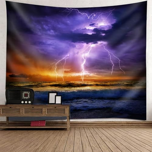 Lirzxin Wandteppiche 150x150CM, Wandtuch Blitz Landschaft am Meer Lila Braun Tapestry Tapisserie Wandbehang für Schlafzimmer Wohnzimmer Wohnheim Wanddeko