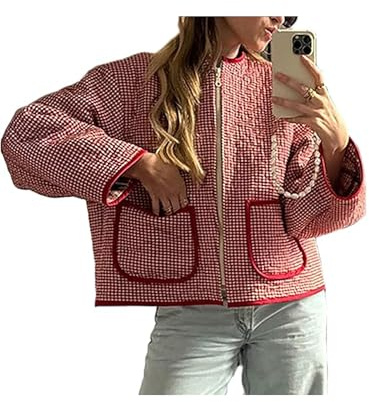SANSIWU Women's Quilted Jacket Contrast Trim Round Neck Long Sleeve Button Down Winter Coat with Pockets Casual Streetwear