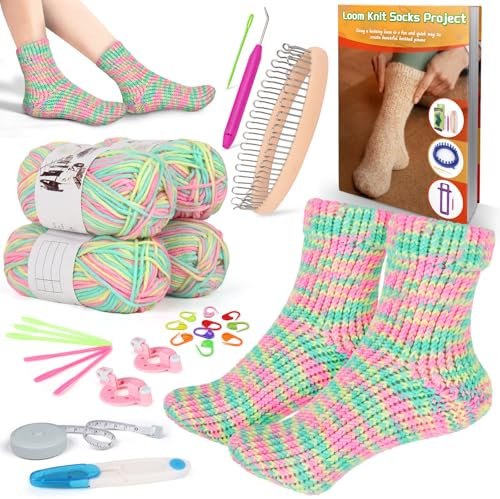 Coopay Sockenwebstuhl-Strickset für Anfänger, Strickwebstuhl-Set mit 4 Garn, leicht verständliche Anleitung, Socken lernen für Erwachsene, fantastische DIY-Geschenke, Strickmütze, Rosa, Grün, Gelb