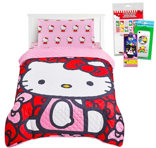 Hello Kitty Set di biancheria da letto per ragazze - Bundle con copriletto Hello Kitty e lenzuolo piatto, lenzuolo con angoli, federa più poster, decalcomanie, altro per bambini | Hello Kitty Room