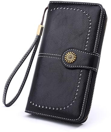 GOIACII Portefeuille Femmes en Cuir Grande Capacite Porte Monnaie Femmes RFID Blocage avec Chequier, 13 Emplacements pour Cartes et Bracelet Long Portefeuille