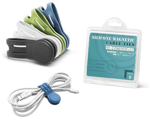 Kcmell Magnetic Cable Ties, 8 Pcs Reusable Cable Ties Organisers Straps Magnetic Cable Clips Silicone Cord Organiser for Organizing and Bundling Wires, Earphone, Charger (Black, White, Blue, Green)