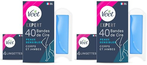 Veet EXPERT - 80 Bandes de Cire Froide Corps & Jambes - Peaux Sensibles - Finition Parfaite - Epilation Longue Durée - 2 x 40 unité